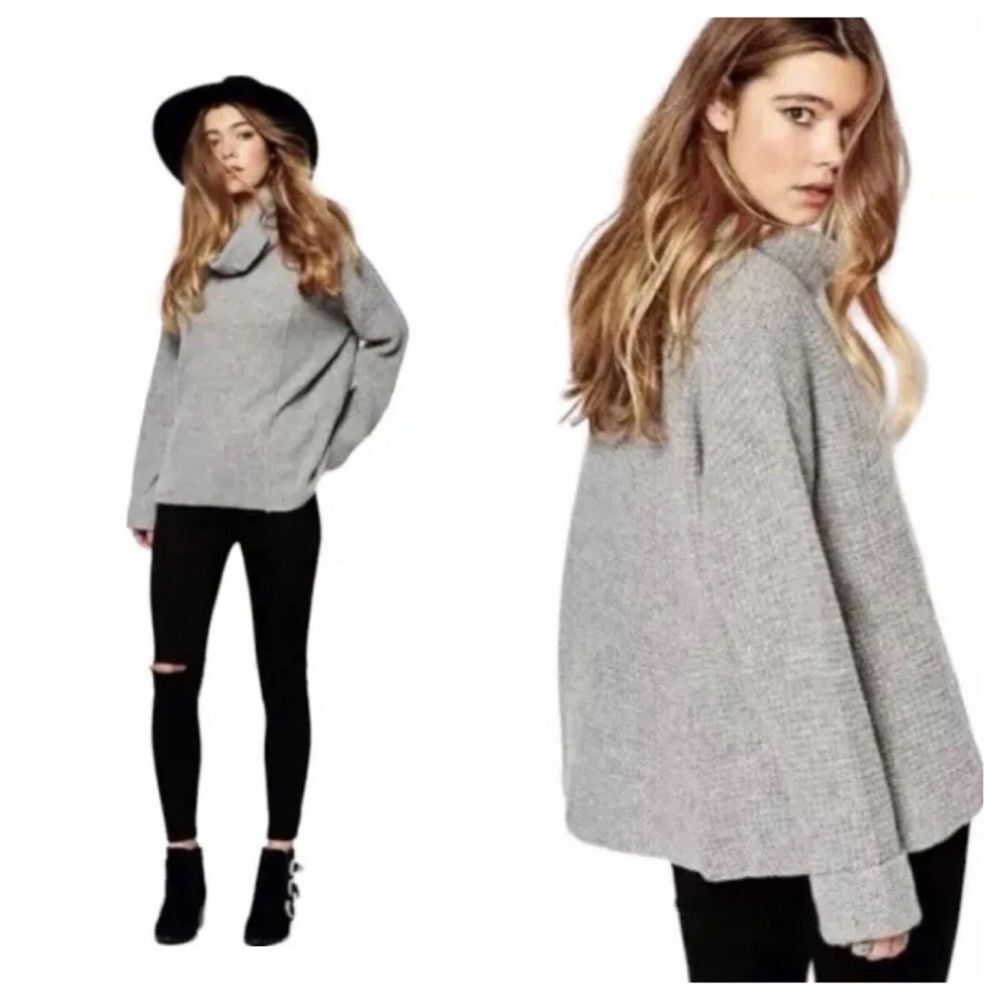 Free People Sidewinder Grey Waffle Knit Cowl Neck Wool Sweater Size XS